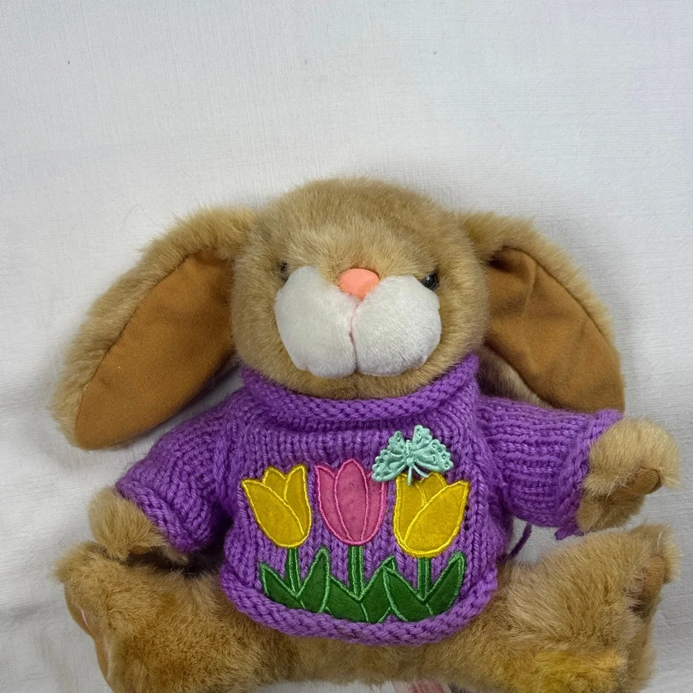 Dan Dee Collectors Choice Plush Bunny Rabbit Purple Tulip Sweater Easter Tan 10